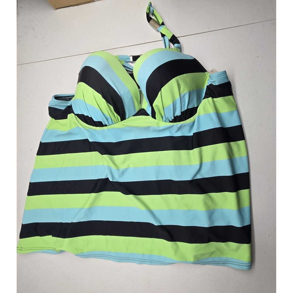 Cacique Women Swimwear 44C Green Striped Tankini Adjustable Straps
